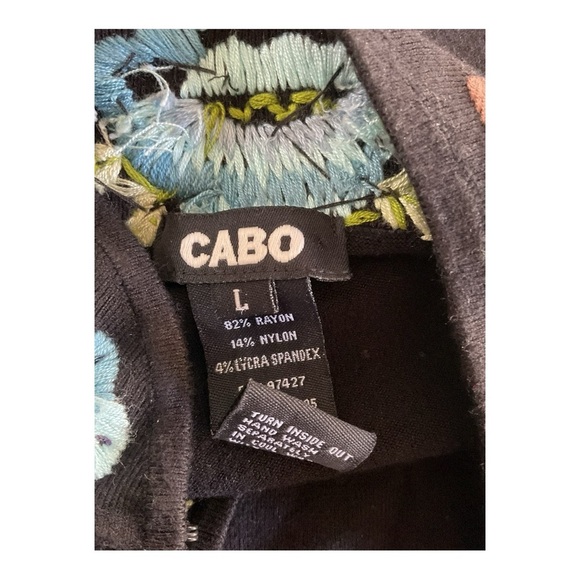 CABO Black Floral Embroidered Blouse L Stretchy Boho - Picture 5 of 5